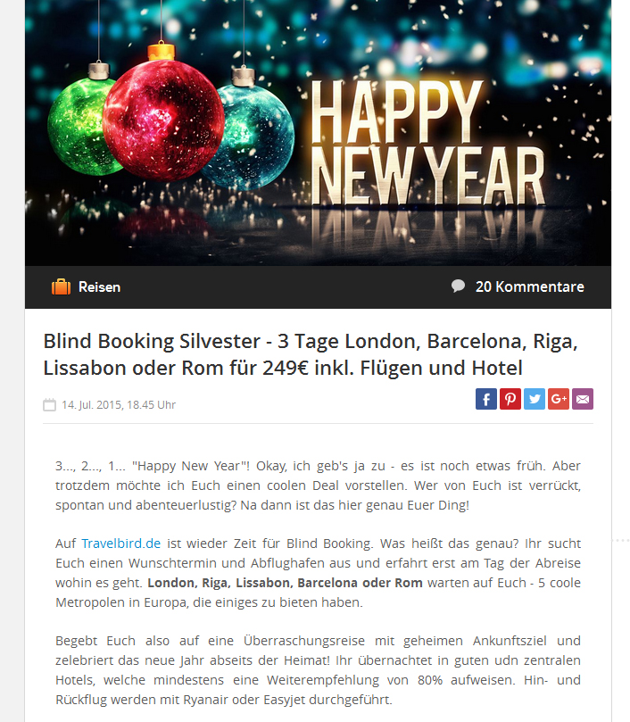 Travelbird Blind Booking Angebot Silvester 2015