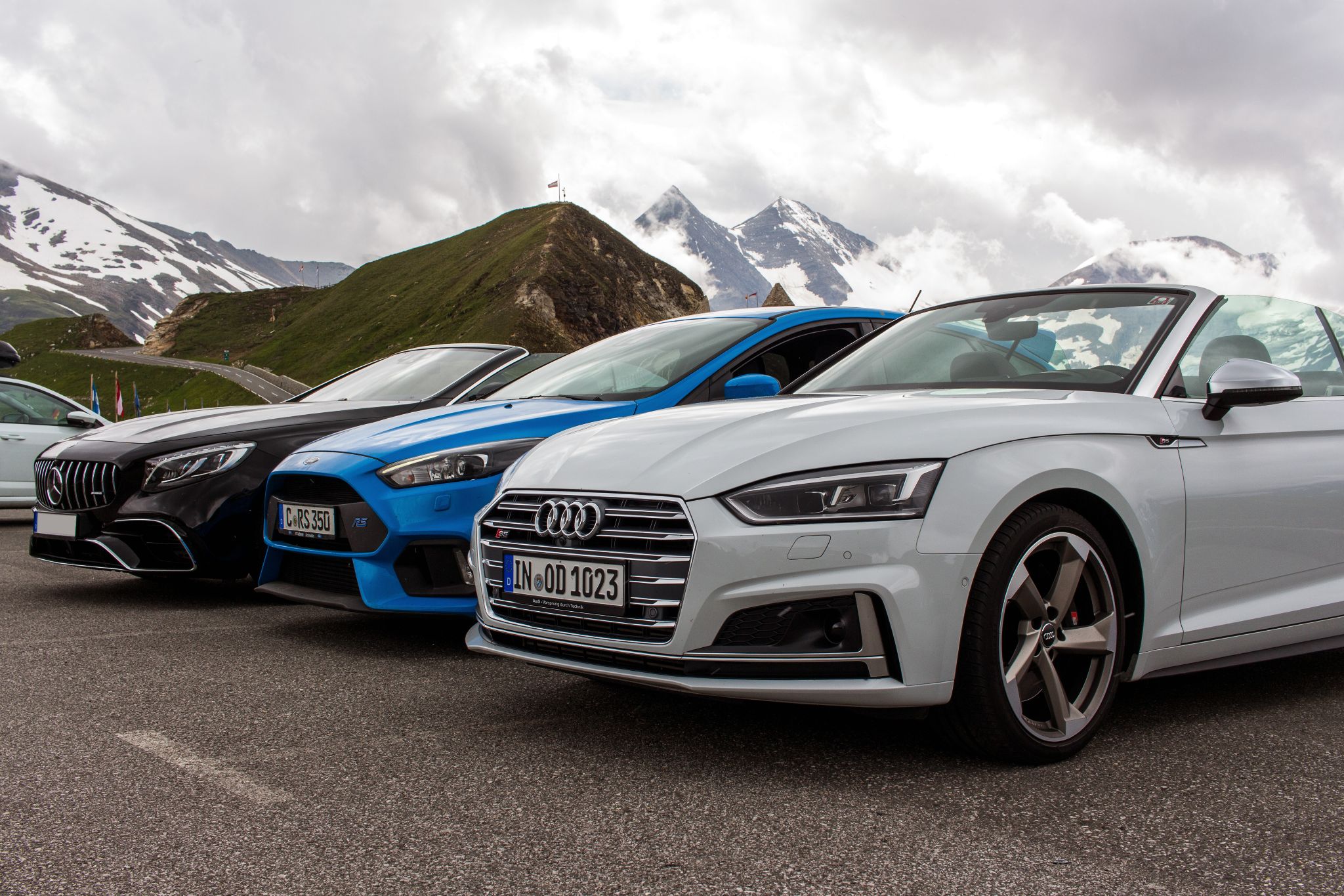 Mercedes Benz S63 AMG, Ford Focus RS und Audi S5 Cabrio am Großglockner