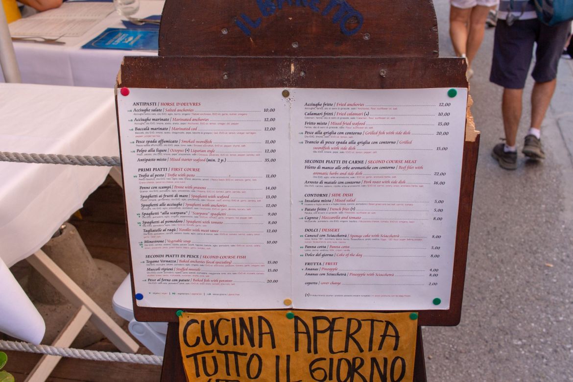 Speisekarte in Cinque Terre