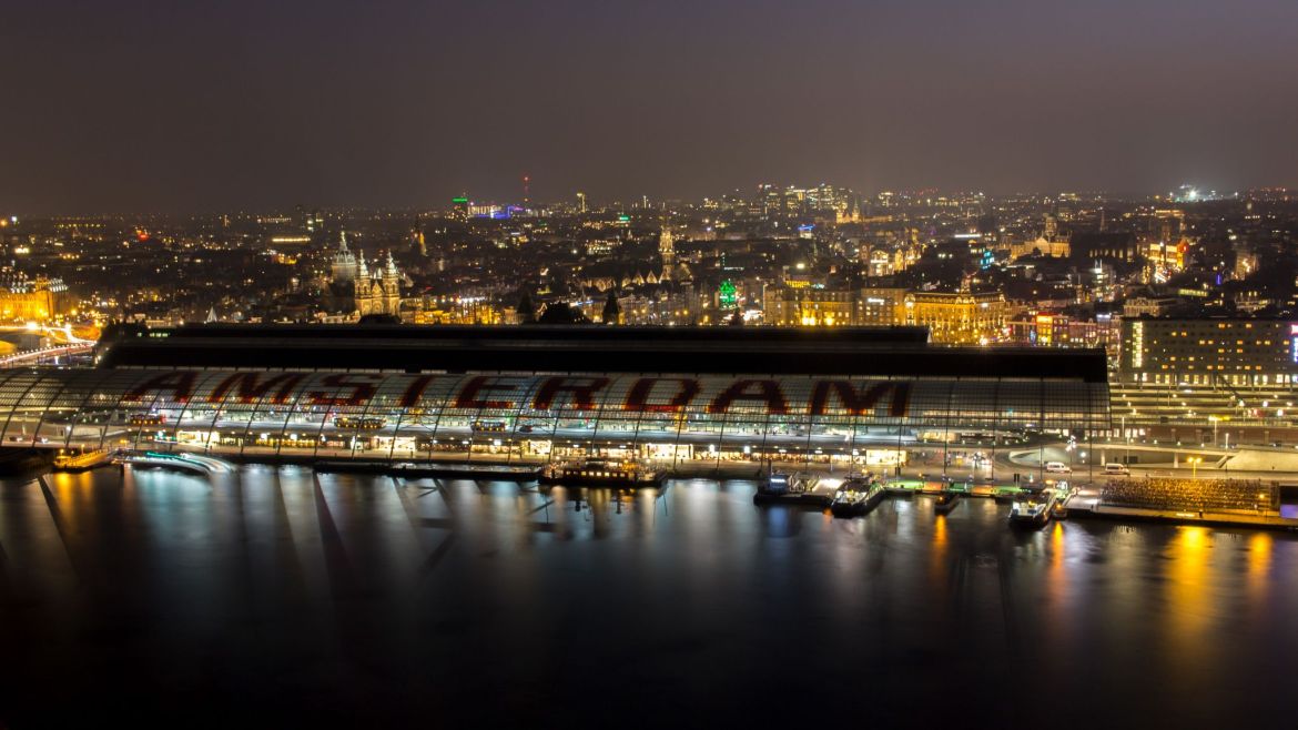 Amsterdam Centraal Station from Adam Lookout Tower at Night