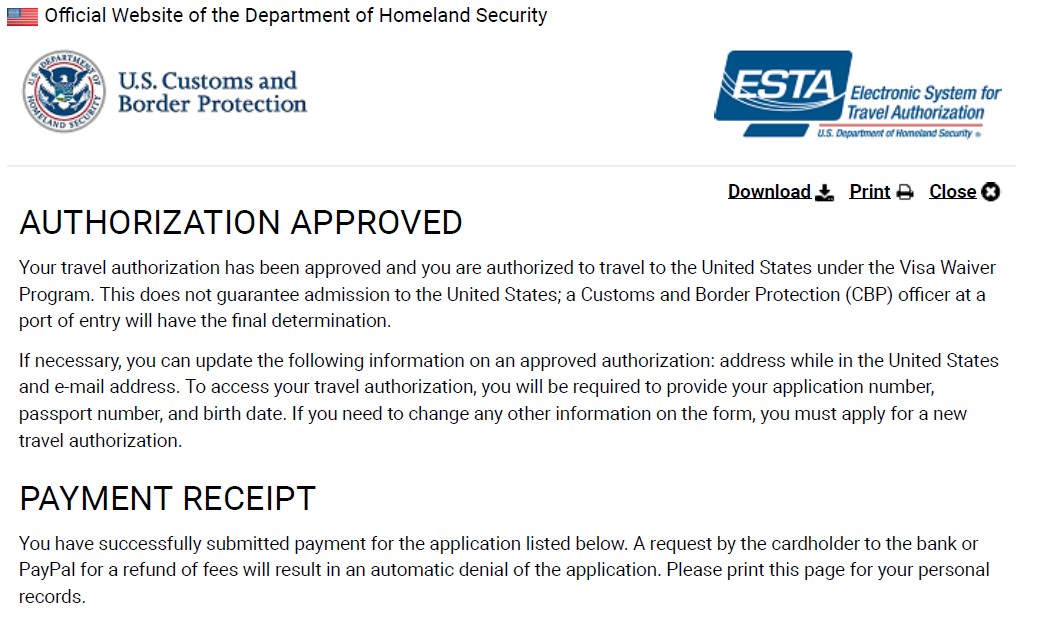 ESTA Approved Confirmation